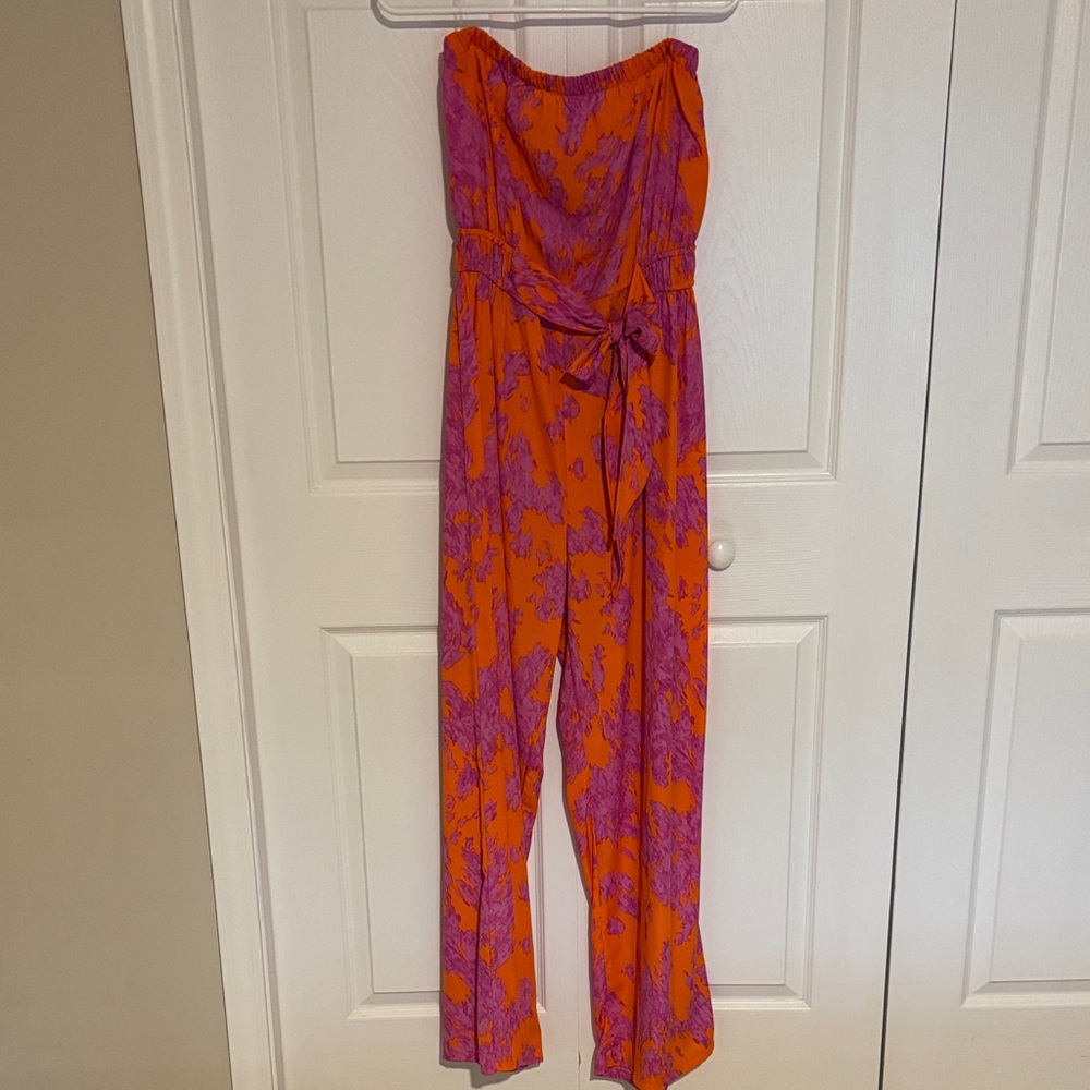 Tyche Strapless Orange & Pink Printed Jumpsuit with Tie Waist